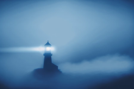 Lighthouse in the fog. Blue toned image with copy spaceの素材