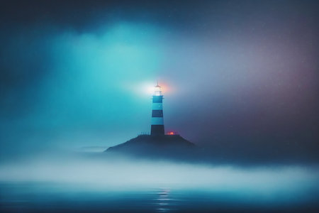 Lighthouse in the fog at night. Light house on a foggy background.の素材