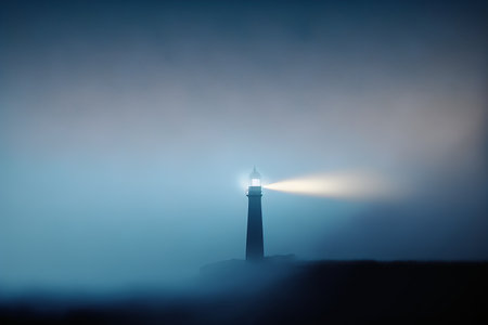 Lighthouse in the fog at night. Long exposure photo with long exposure.の素材