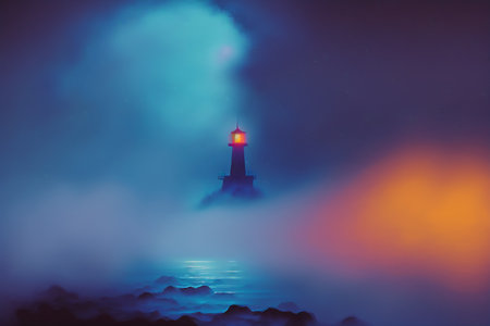 Lighthouse in the fog at night on the background of the seaの素材