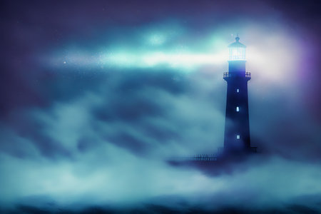 Foggy night landscape with lighthouse and stars. Vector illustration.の素材