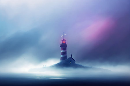 Lighthouse on a foggy day in the sea. 3d renderingの素材