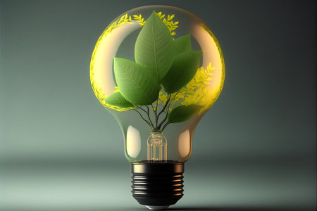 Light bulb with green plant inside. Ecology concept. 3D renderingの素材