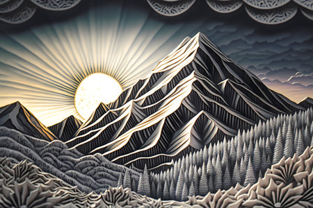 Mountains in the background of the sun. 3D illustration.の素材