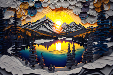 3D illustration of a fantasy landscape with a lake and a mountainの素材