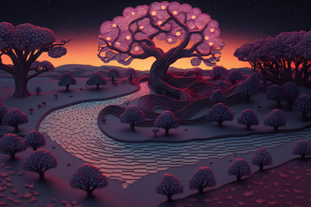 Fantasy landscape with trees. 3D rendering. Computer digital drawing.の素材