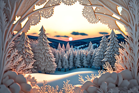 Frozen winter forest with snow covered trees. Christmas landscape.の素材