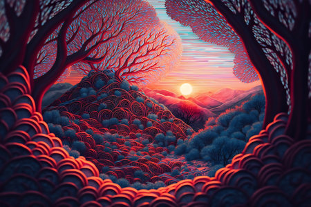 Fantasy landscape with trees and sun. 3d illustration. Computer digital drawing.の素材