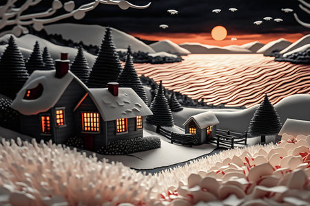 3d illustration of winter landscape with christmas trees and houses.の素材