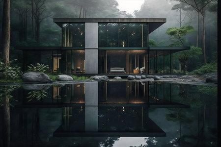 3d rendering of modern cozy house with pool and parking for sale or rent in beautiful forest.の素材