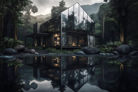 3d rendering of modern cozy chalet in the jungle.の素材