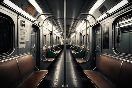 Interior of a subway car with empty seats. Toned.の素材