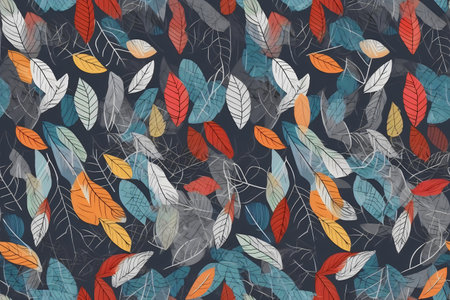 Seamless pattern with colorful autumn leaves on dark background. Vector illustration.の写真素材