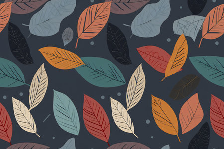 Seamless pattern with colorful leaves on gray background. Vector illustration.の写真素材
