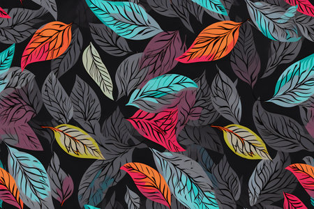 Seamless pattern with colorful feathers on dark background. Vector illustration.の写真素材