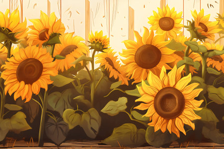 Sunflowers on a wooden background. Digital painting. Drawing.の写真素材