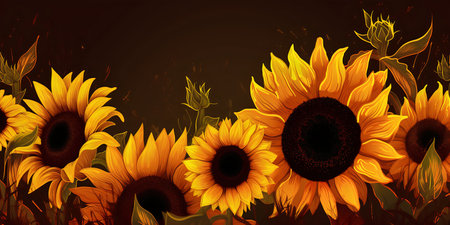 Background with sunflowers on the dark background. Vector illustration.の写真素材