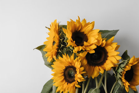 Bouquet of sunflowers on white background, top viewの写真素材