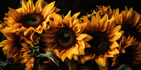 beautiful sunflowers bouquet on black background, top viewの写真素材