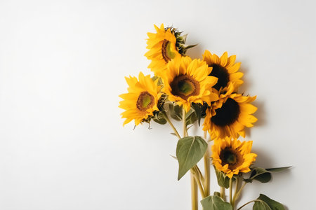 Beautiful sunflowers on white background. Flat lay, top viewの写真素材