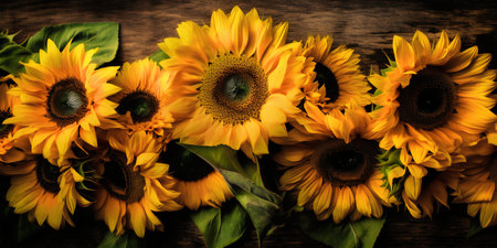 Sunflowers on rustic wooden background. Top view with copy spaceの写真素材