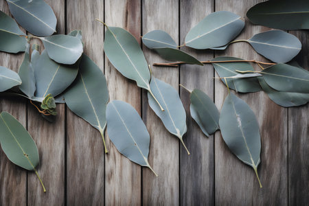 Eucalyptus leaves on wooden background. Flat lay.の写真素材