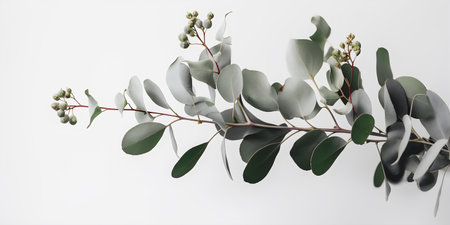 Eucalyptus branches with green leaves on a white backgroundの写真素材
