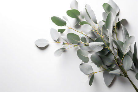 Beautiful eucalyptus branches on white background, flat layの写真素材