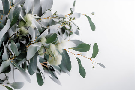 Eucalyptus branch with eucalyptus flowers on white backgroundの写真素材