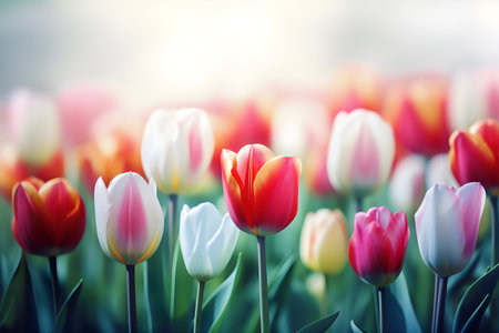 Colorful tulip flowers blooming in the garden with sunlight backgroundの写真素材