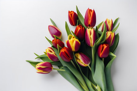 Bouquet of red and yellow tulips on a white backgroundの写真素材