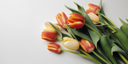Bouquet of orange and yellow tulips on white background.の写真素材
