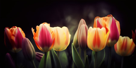 Colorful tulips on a black background. Toned image.の写真素材