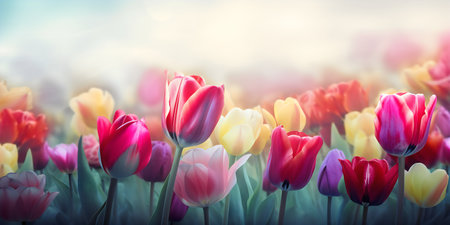Colorful tulip flowers blooming in the garden, nature backgroundの写真素材