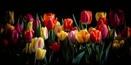 Tulips on black background. Colorful tulips on black background.の写真素材