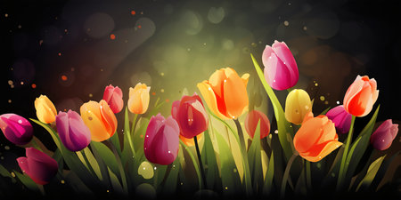 Colorful tulips on bokeh background. Vector illustration.の写真素材