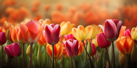 Colorful tulip flowers blooming in the garden with soft focusの写真素材