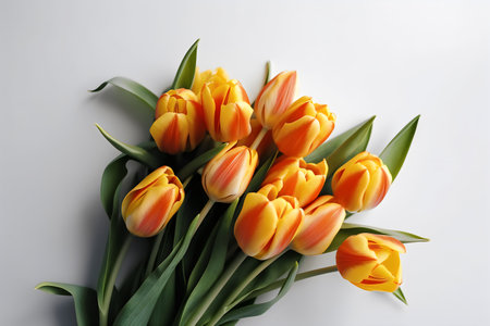 Bouquet of beautiful tulips on gray background, top viewの写真素材