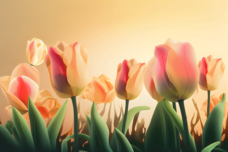 Tulips in the meadow at sunset. 3d illustrationの写真素材