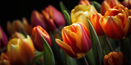 Bouquet of tulips on a black background, close upの写真素材
