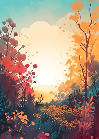 Autumn landscape with meadow and flowers. Vector Illustration.の写真素材