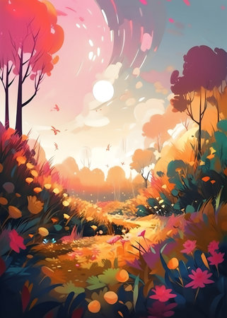 Autumn landscape with colorful trees and bushes. Digital painting. Vector illustration.の写真素材