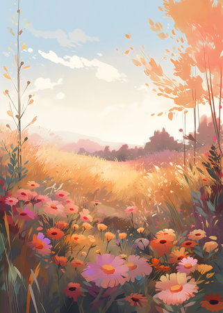 Sunset over the meadow with wildflowers. Vector illustration.の写真素材