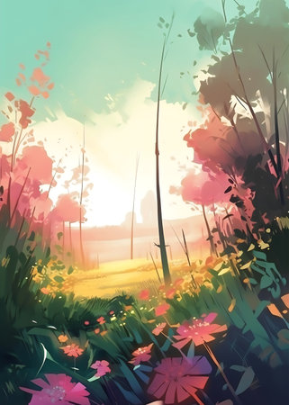 Illustration of a meadow with trees and flowers at sunset.の写真素材