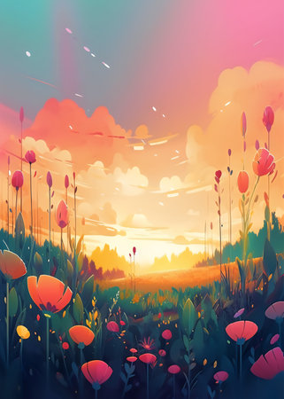 Summer landscape with poppies and colorful sky. Digital painting.の写真素材