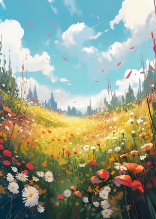 Beautiful meadow with flowers and blue sky. Digital painting.の写真素材
