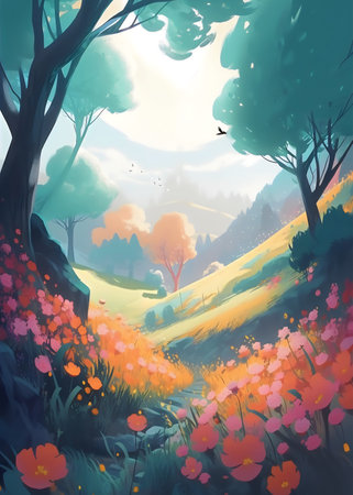 Autumn landscape with trees and flowers. Digital painting. Vector illustration.の写真素材