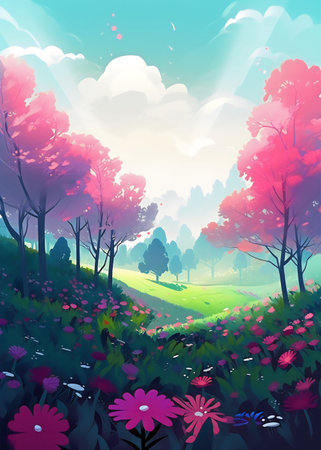Beautiful spring landscape with colorful flowers and trees, vector illustration.の写真素材