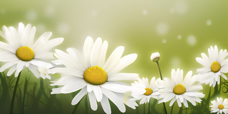 White daisies on green background. 3D illustration. Copy-space.の写真素材