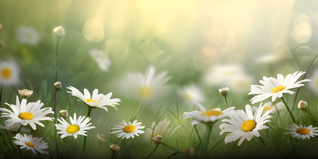 White daisies on green grass with bokeh background.の写真素材